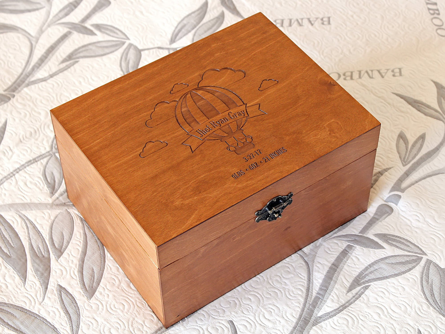 Baby keepsake box with engraved hot air balloon design