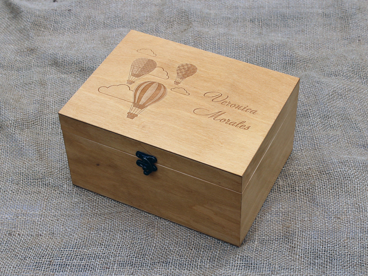 Hot air balloon baby keepsake box with custom engraving