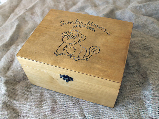 Baby monkey design memory box, Custom engraved wood box, First year keepsake box