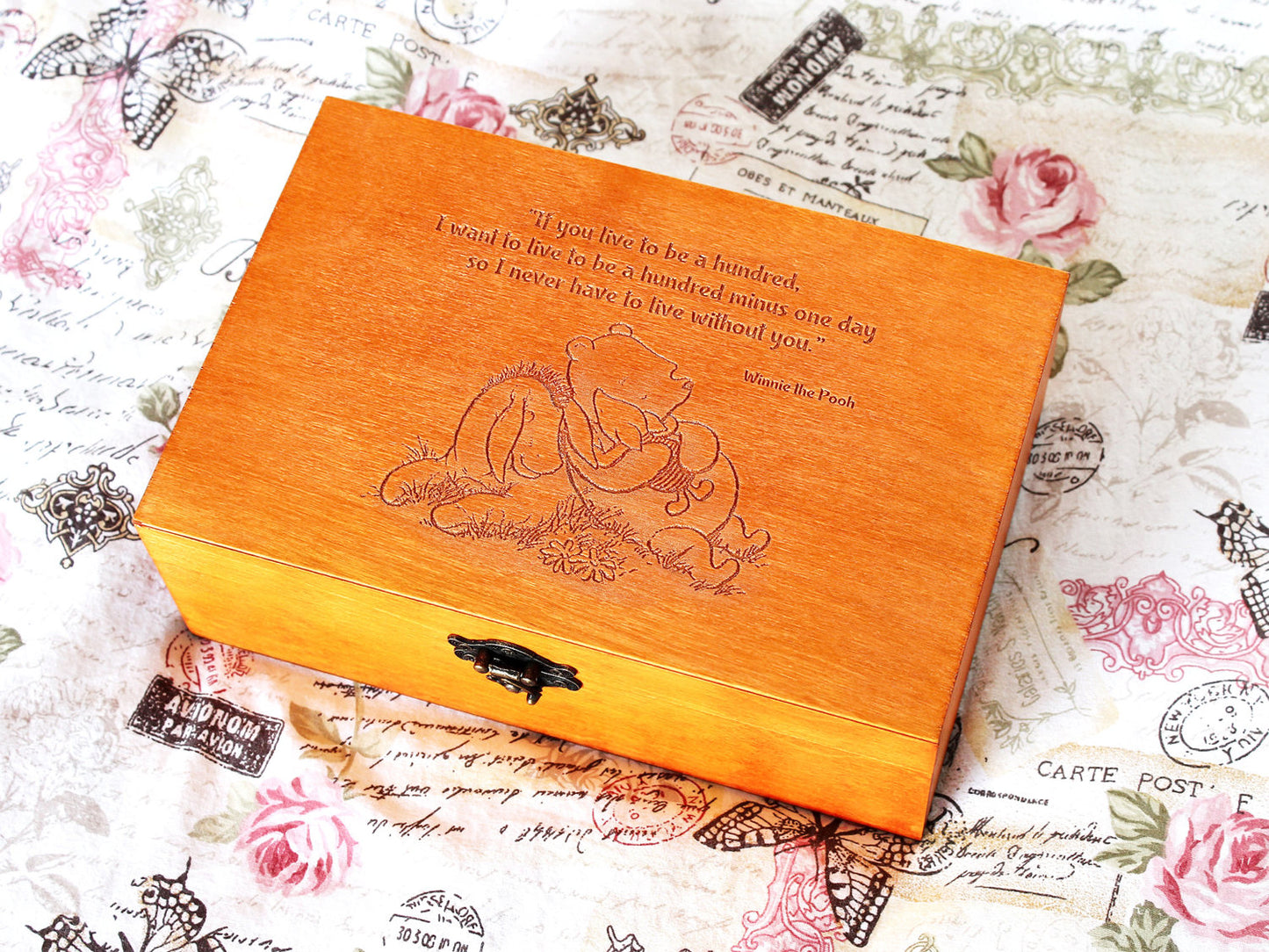 Wooden Jewelry box personalized with Winnie the Pooh quote and Winnie Eeyore and Piglet image