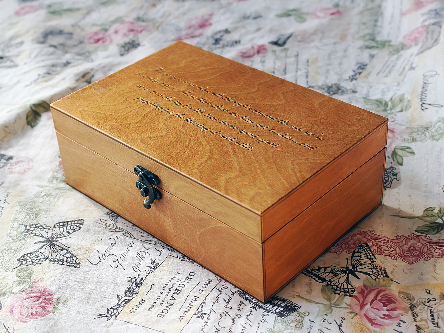 Custom jewelry box with a message engraved to order, Wooden keepsake box
