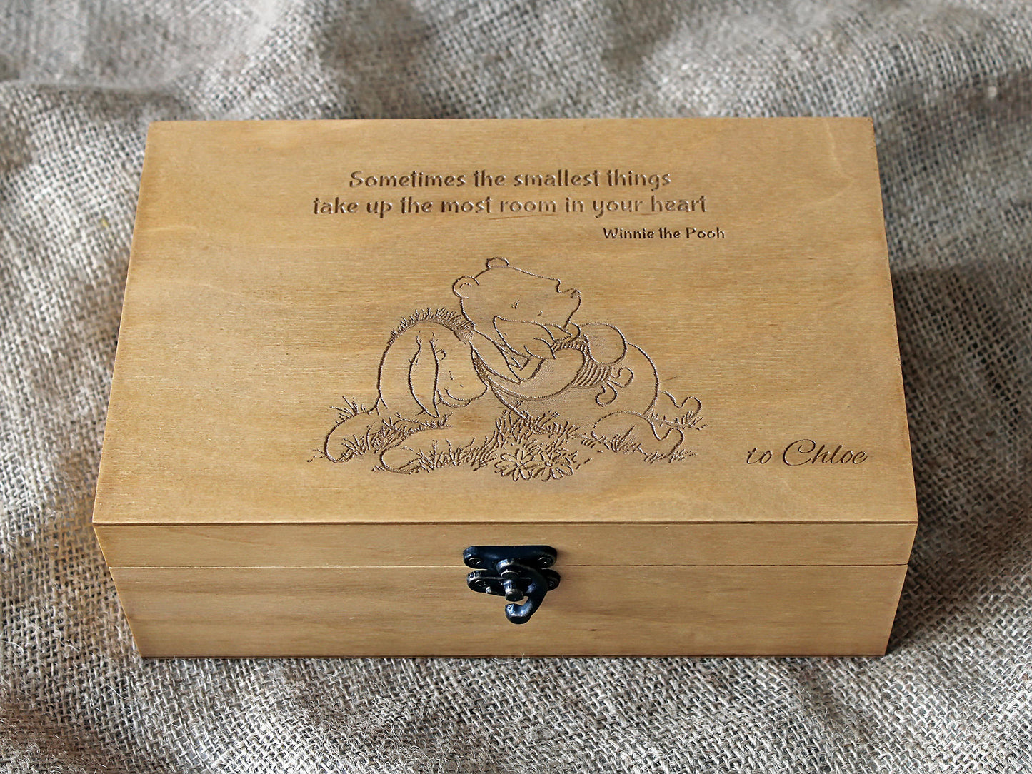 Personalized jewelry box with Winnie the Pooh quote and Winnie Eeyore and Piglet image