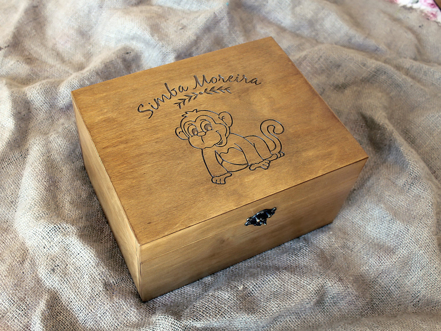 Baby monkey design memory box, Custom engraved wood box, First year keepsake box