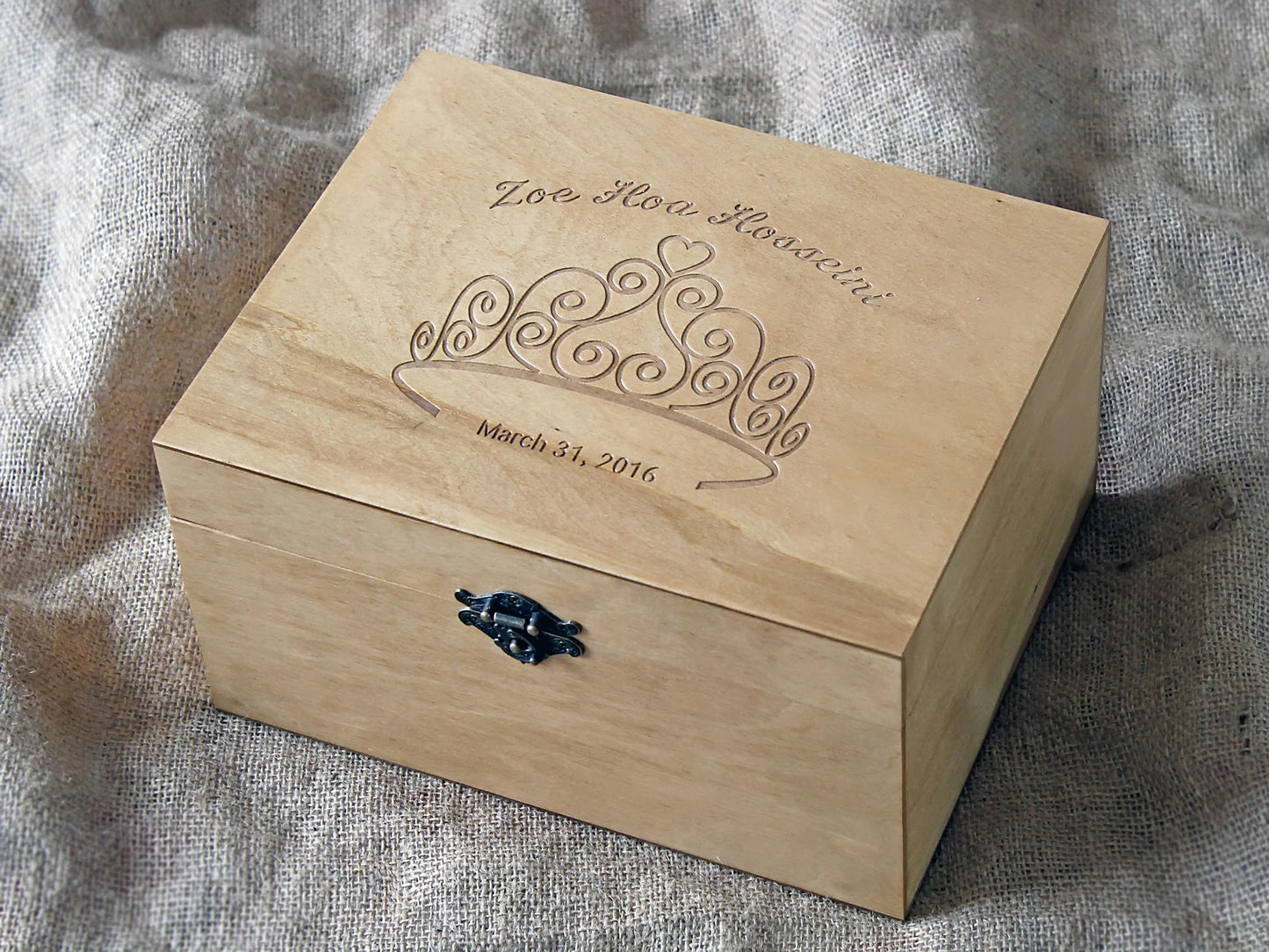 Custom engraved memory box with princess tiara and name, Personalized keepsake box for a girl