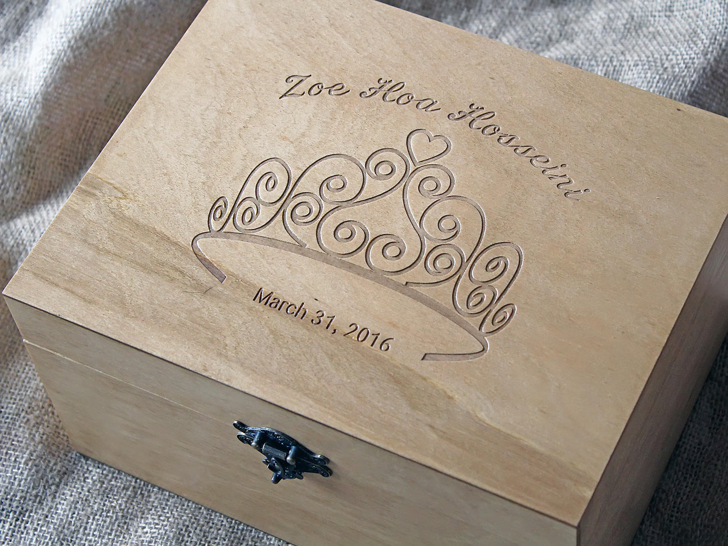 Custom engraved memory box with princess tiara and name, Personalized keepsake box for a girl