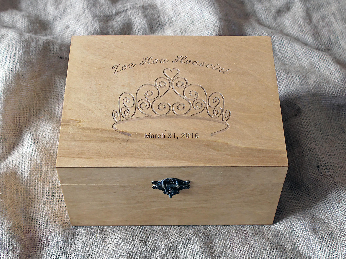 Custom engraved memory box with princess tiara and name, Personalized keepsake box for a girl