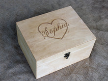 Load image into Gallery viewer, Keepsake box with heart and name engraved, Customized wood box for birthday gift
