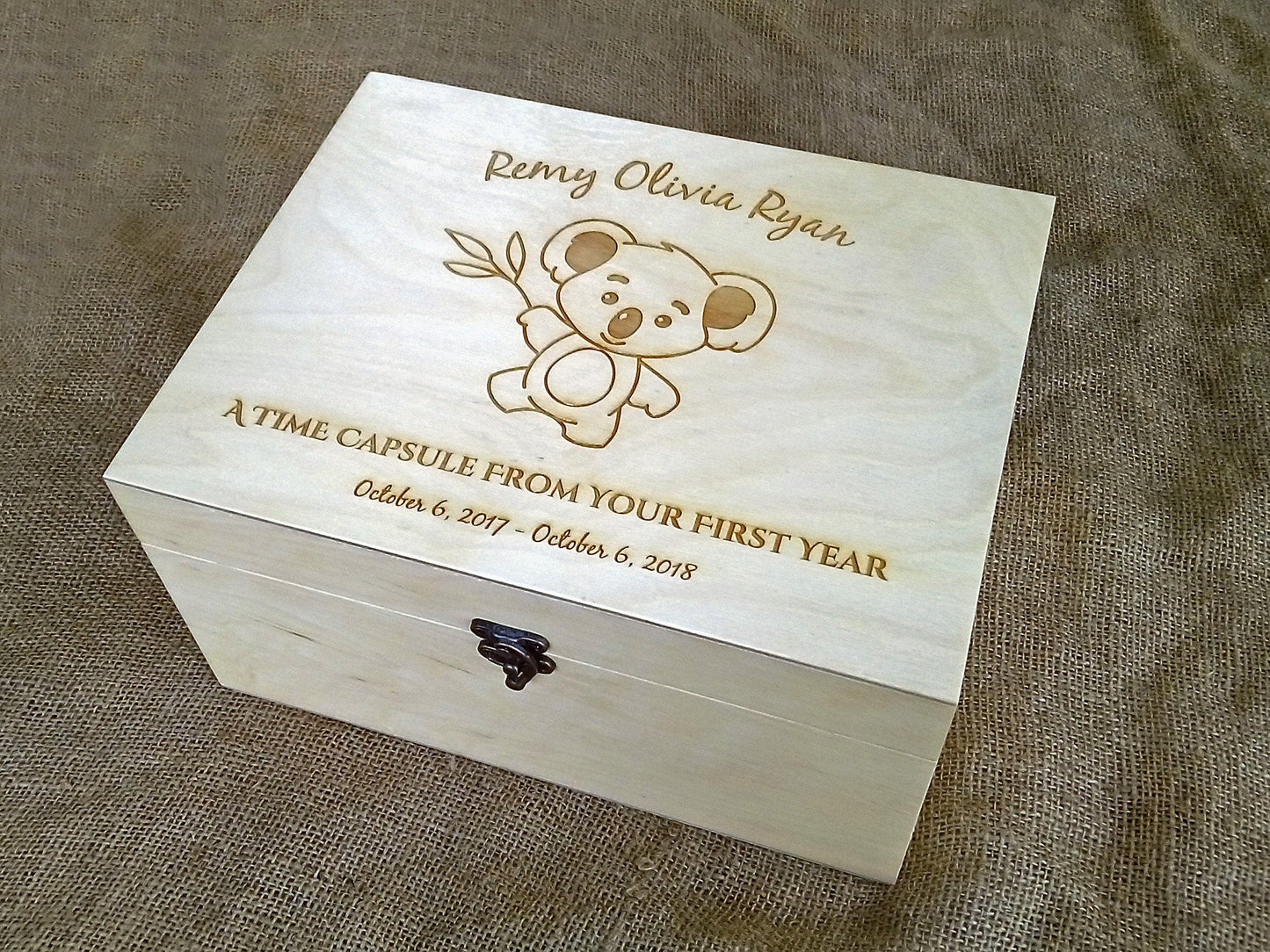 Custom engraved memory box with koala image, Personalized keepsake box, First birthday time capsule