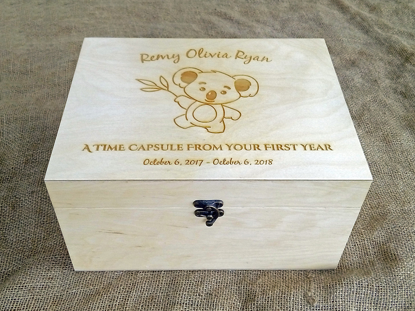 Custom engraved memory box with koala image, Personalized keepsake box, First birthday time capsule
