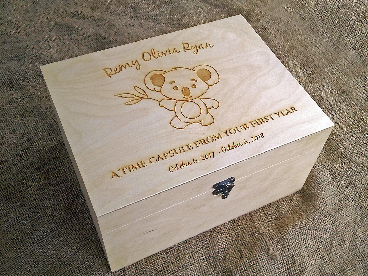 Custom engraved memory box with koala image, Personalized keepsake box, First birthday time capsule
