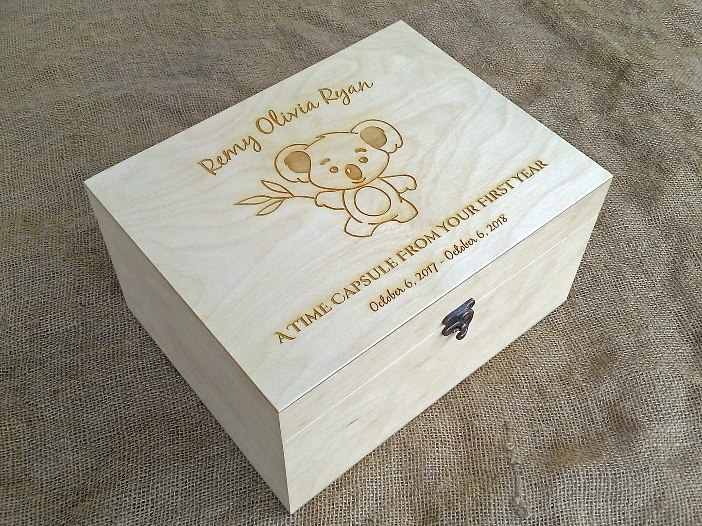 Custom engraved memory box with koala image, Personalized keepsake box, First birthday time capsule