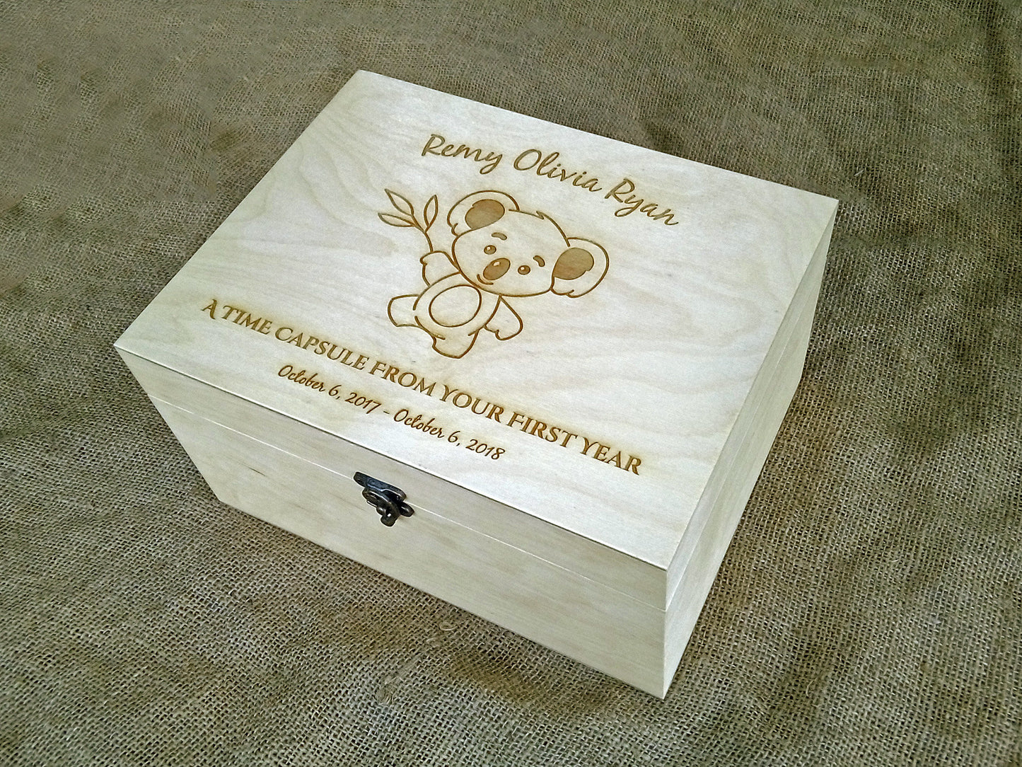 Custom engraved memory box with koala image, Personalized keepsake box, First birthday time capsule