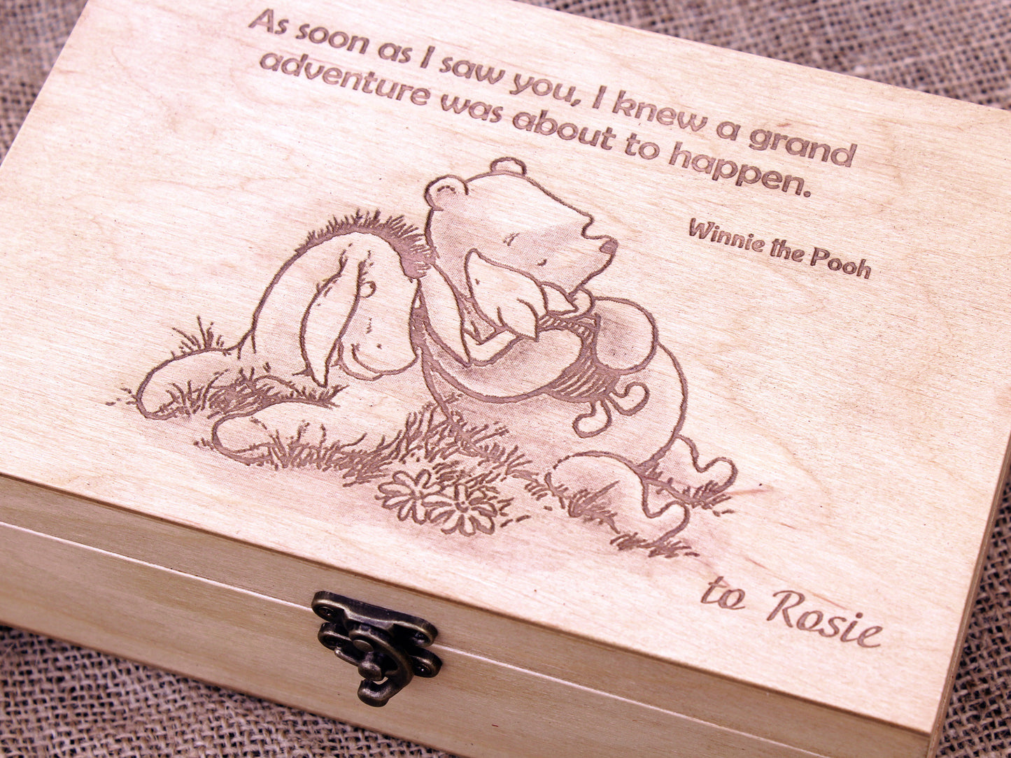 Personalized jewelry box, Winnie the pooh quote and image on wooden box