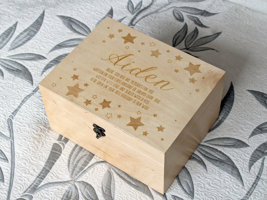 Newborn gift Time capsule, Baby keepsake box with name text and stars engraved, Custom wood box