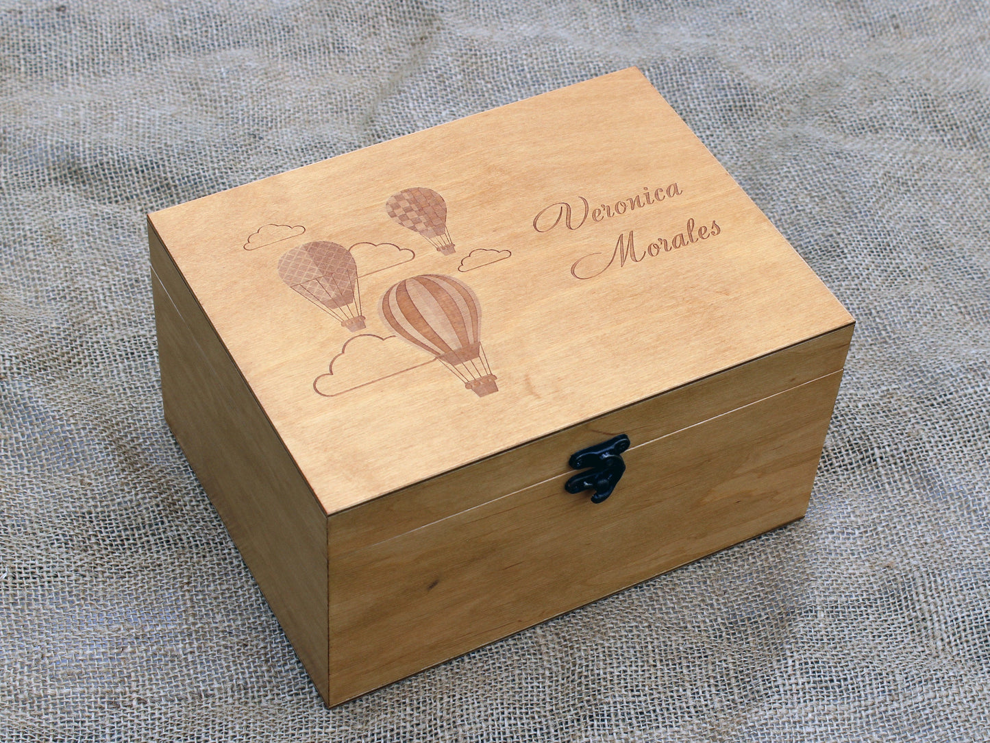 Hot air balloons personalized keepsake wood box, a memory box for a child