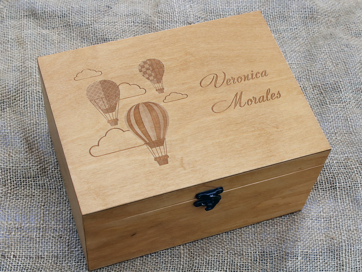 Hot air balloons personalized keepsake wood box, a memory box for a child