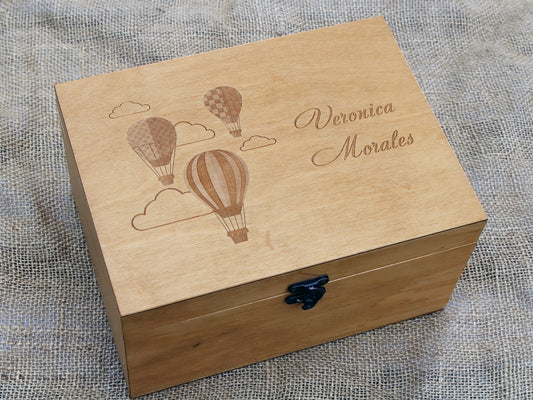 Hot air balloons personalized keepsake wood box, a memory box for a child
