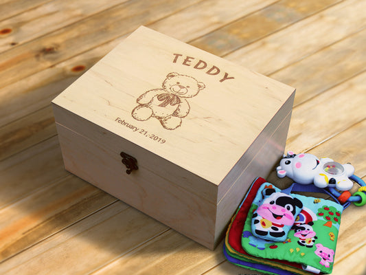 Custom engraved keepsace box with Teddy bear image, Personalized wood box, First birthday gift
