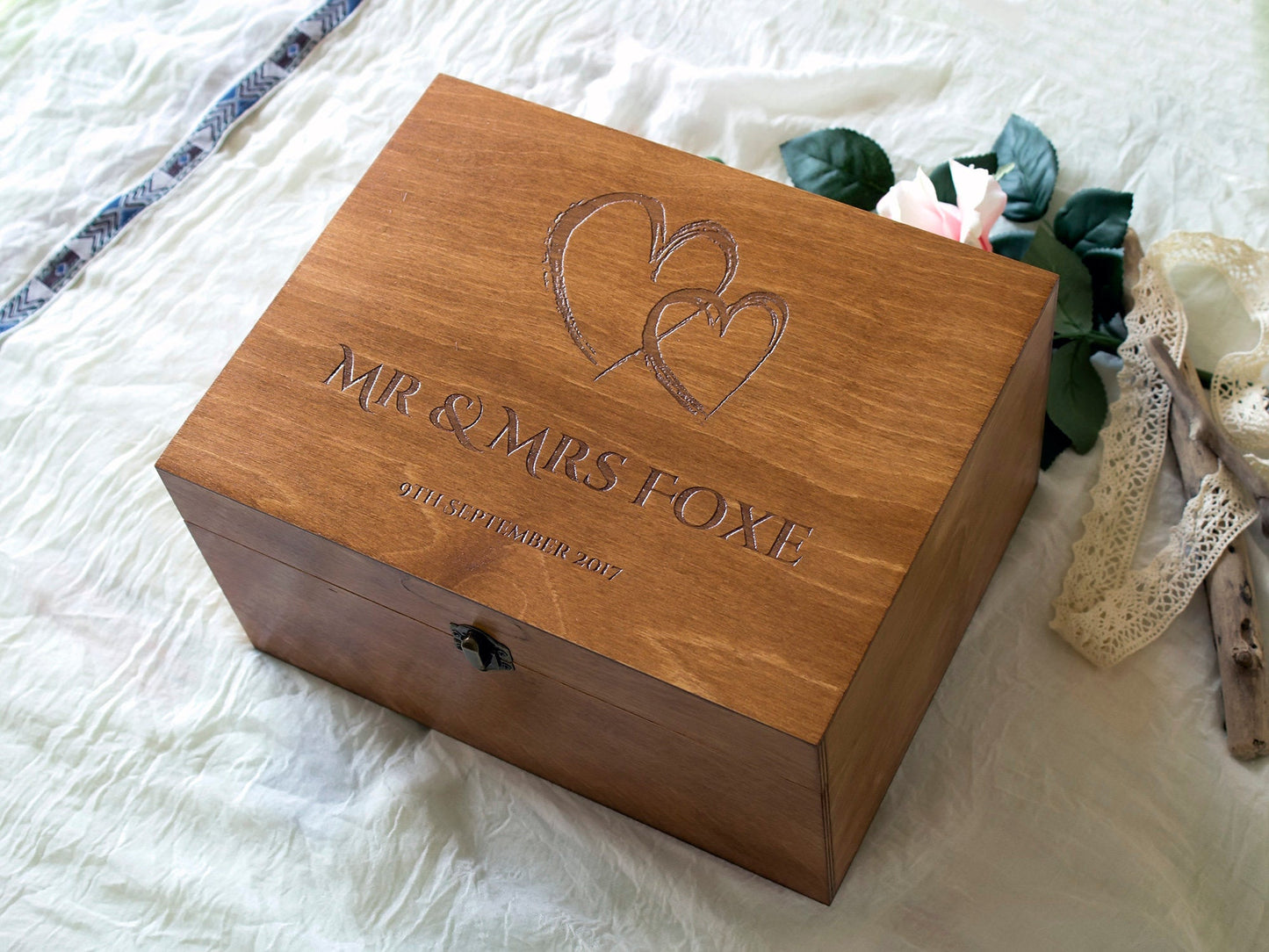 Personalized wedding keepsake box with interlocked hearts and names | Custom anniversary gift
