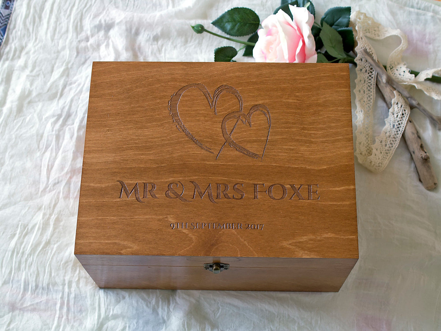 Personalized wedding keepsake box with interlocked hearts and names | Custom anniversary gift