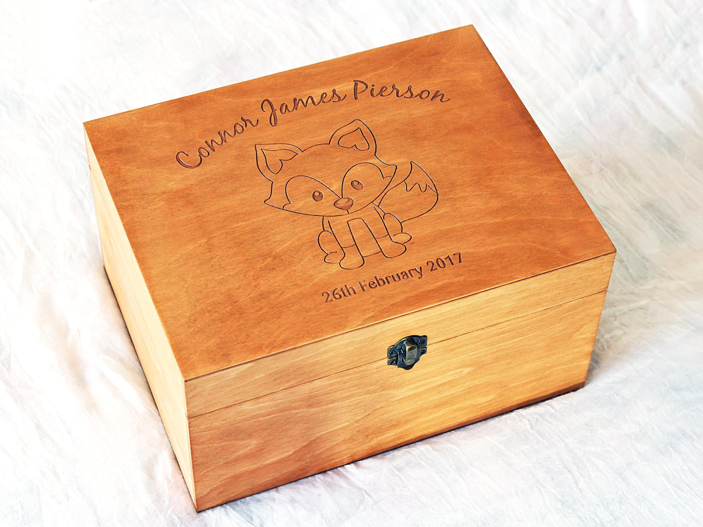 Custom engraved keepsake box with baby fox image, Gift for newborn, Rustic box
