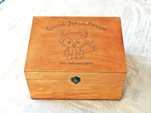 Load image into Gallery viewer, Custom engraved keepsake box with baby fox image, Gift for newborn, Rustic box
