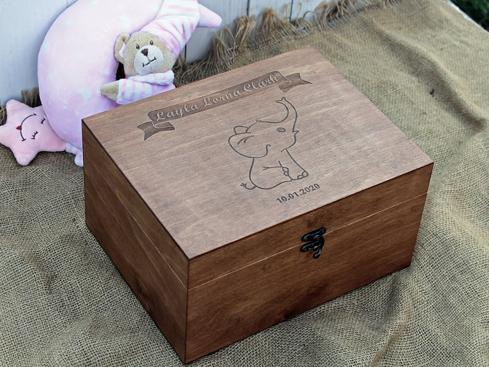 Personalized wood box made to order with an elephant image and custom name