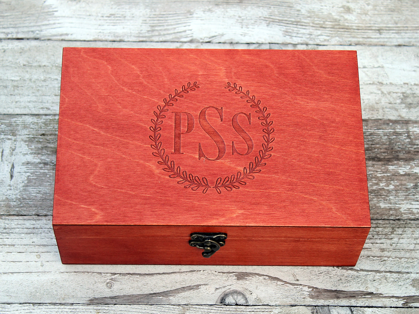 Caja de madera con monograma personalizado, joyero con monograma