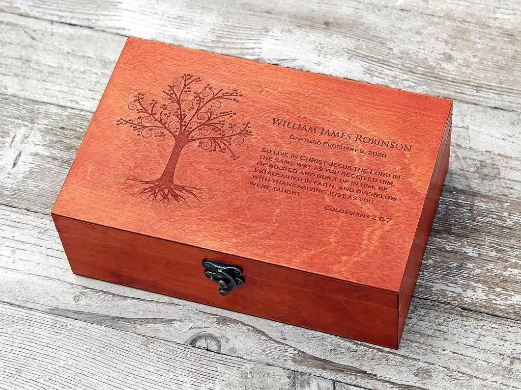 Personalized baptism gift memory box, Custom bible verse on wooden box