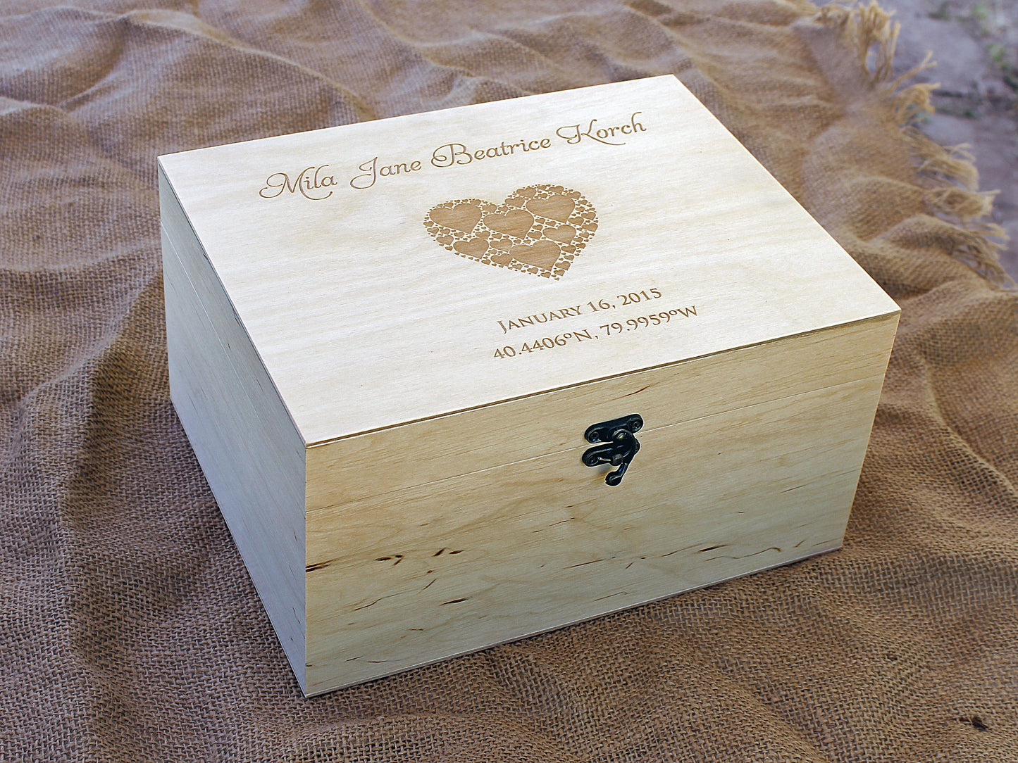 Heart shape design baby keepsake box with a name and stats, Custom wood box