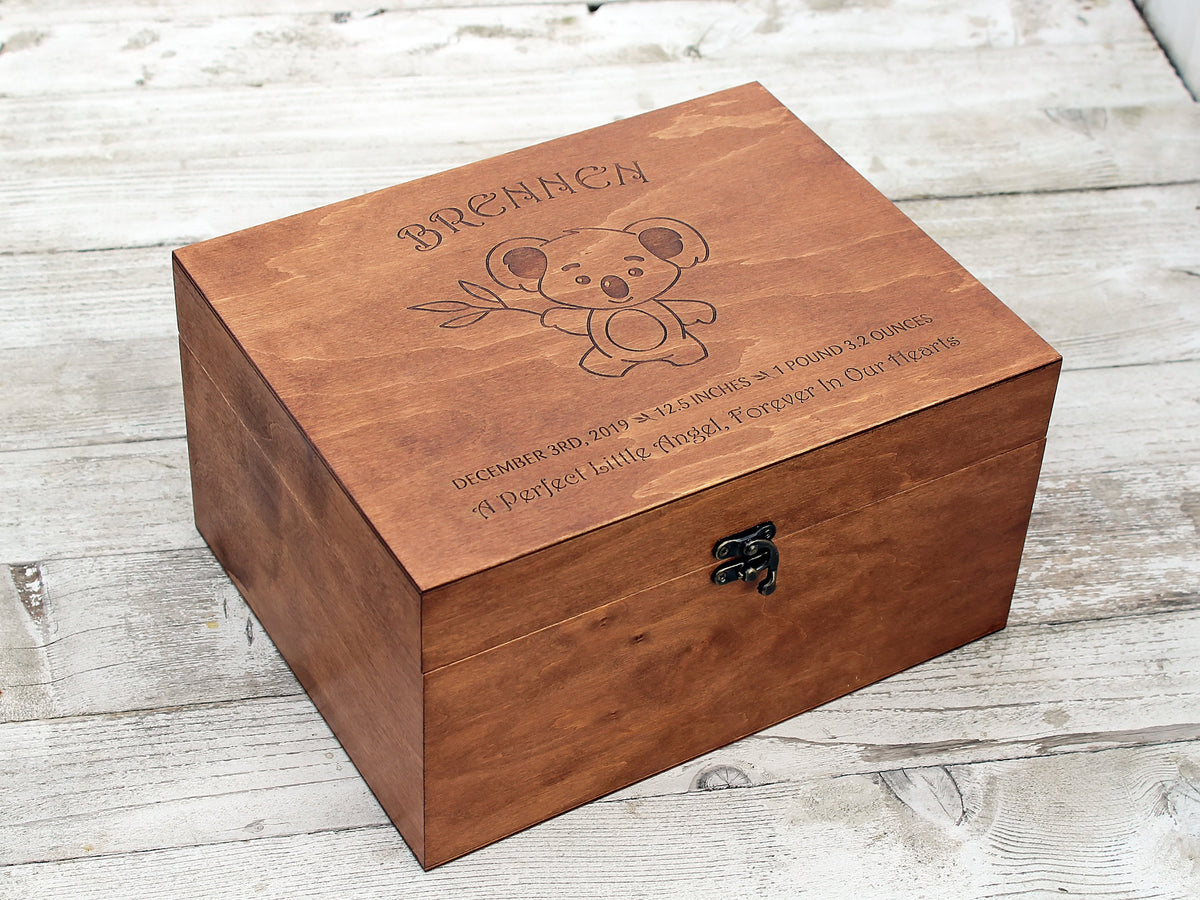 Wooden baby memory box with koala design and custom engraving