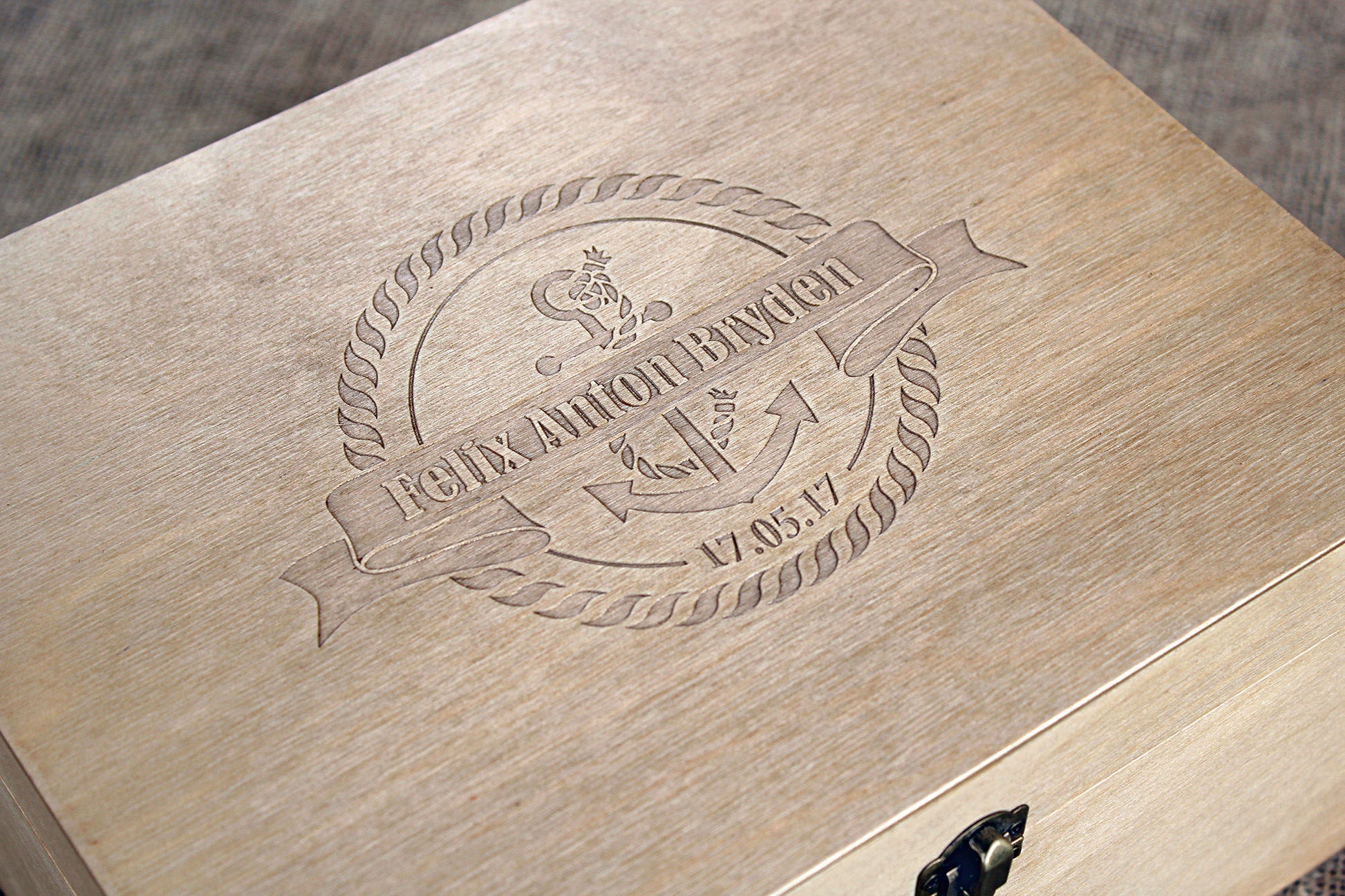 Nautical baby keepsake box with custom engraved name