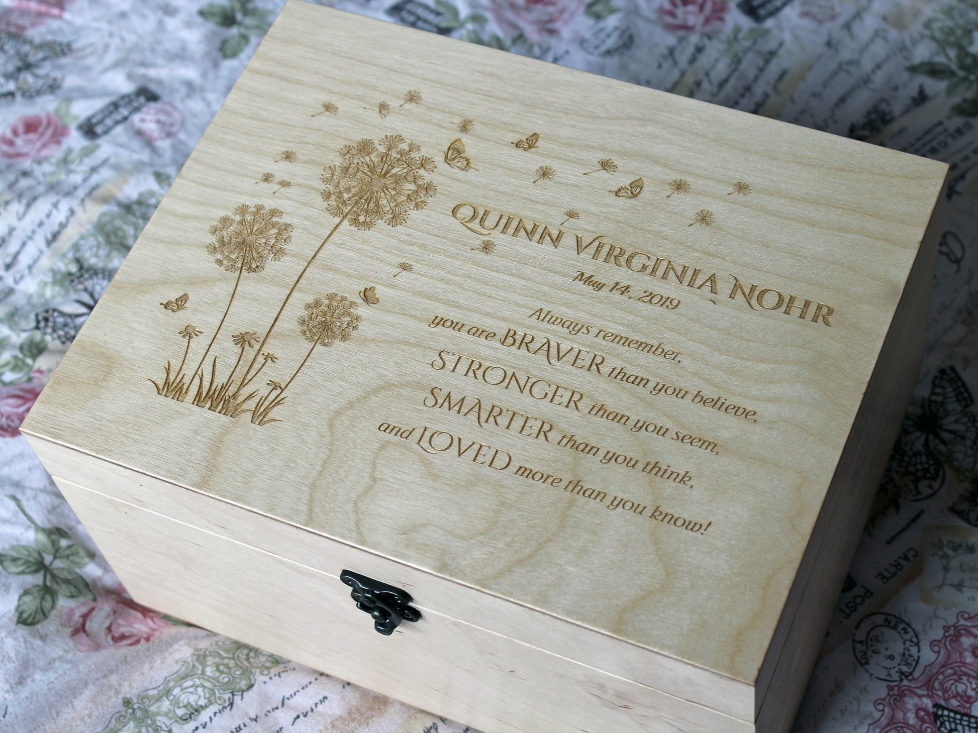 Personalized wooden baby memory box with Winnie the Pooh quote and dandelion design, laser engraved keepsake box for newborn gifts