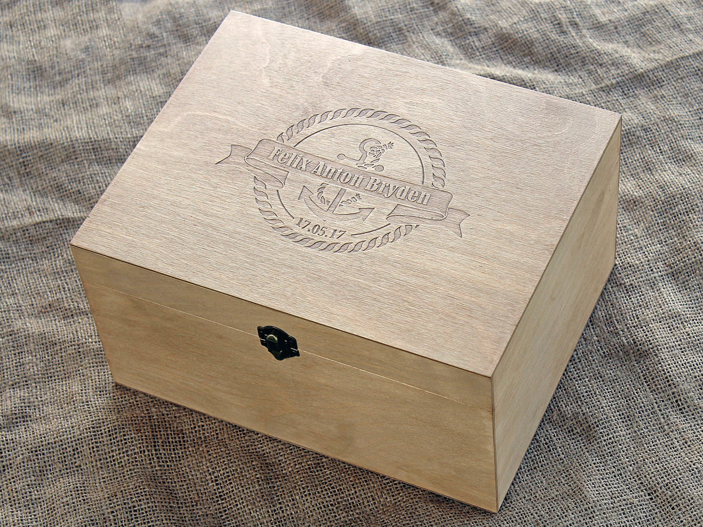 Personalized wooden memory box featuring a nautical anchor design