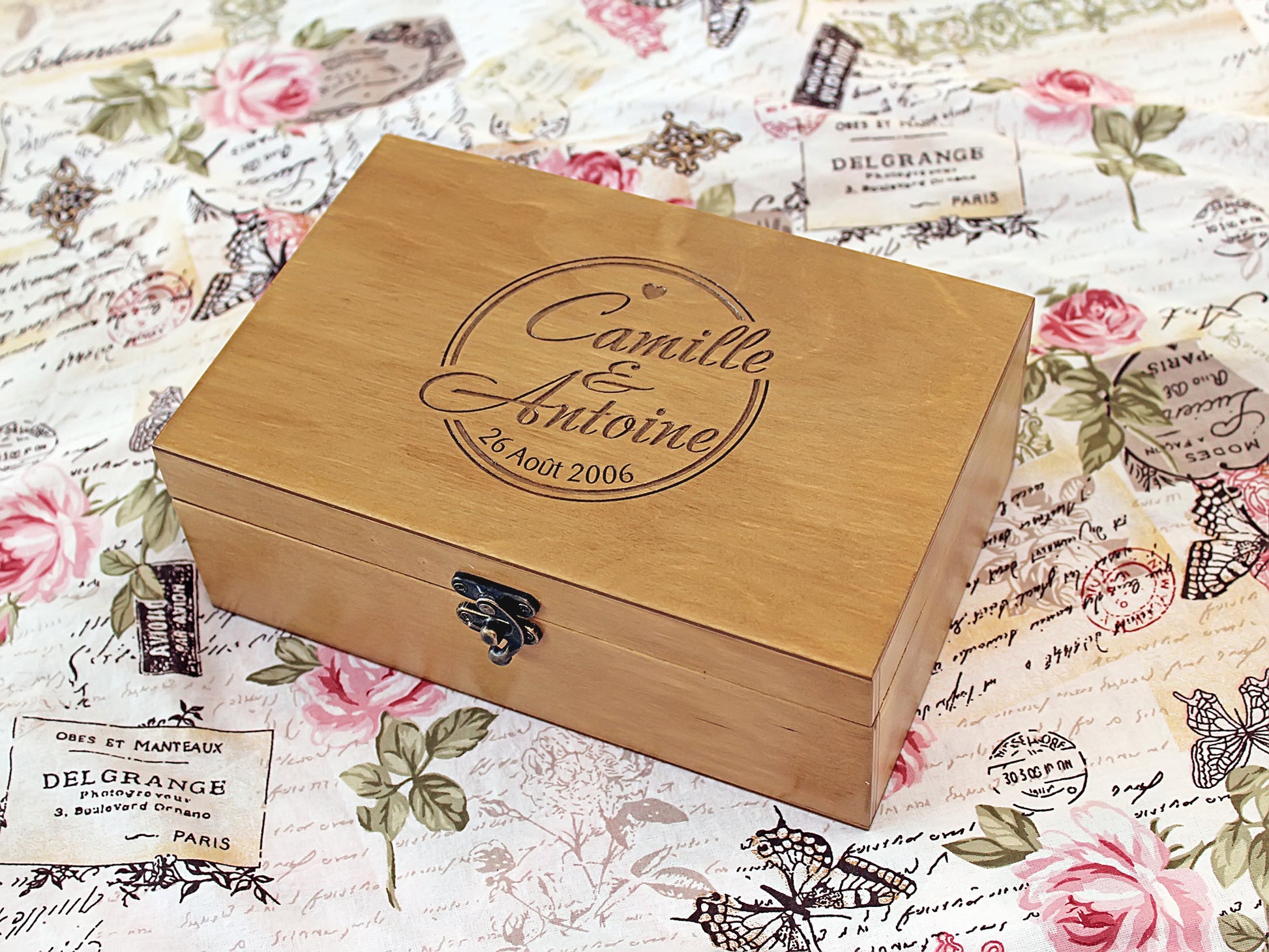 Personalized anniversary keepsake box engraved with couple's names