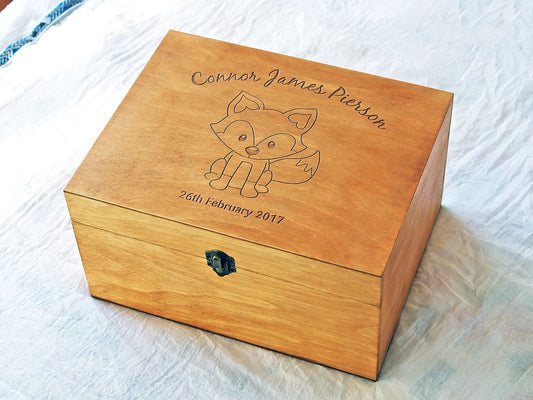 Personalized wooden baby keepsake box with engraved fox design and name