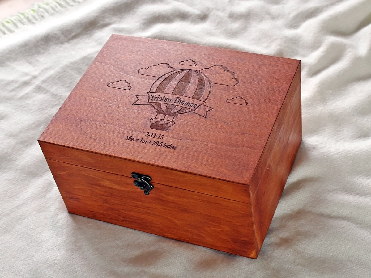 Personalized baby keepsake box with hot air balloon design