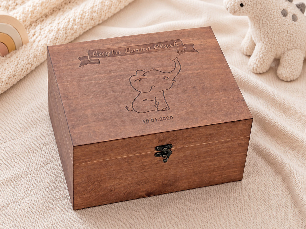 Personalized wooden keepsake box with elephant design for baby's first memories
