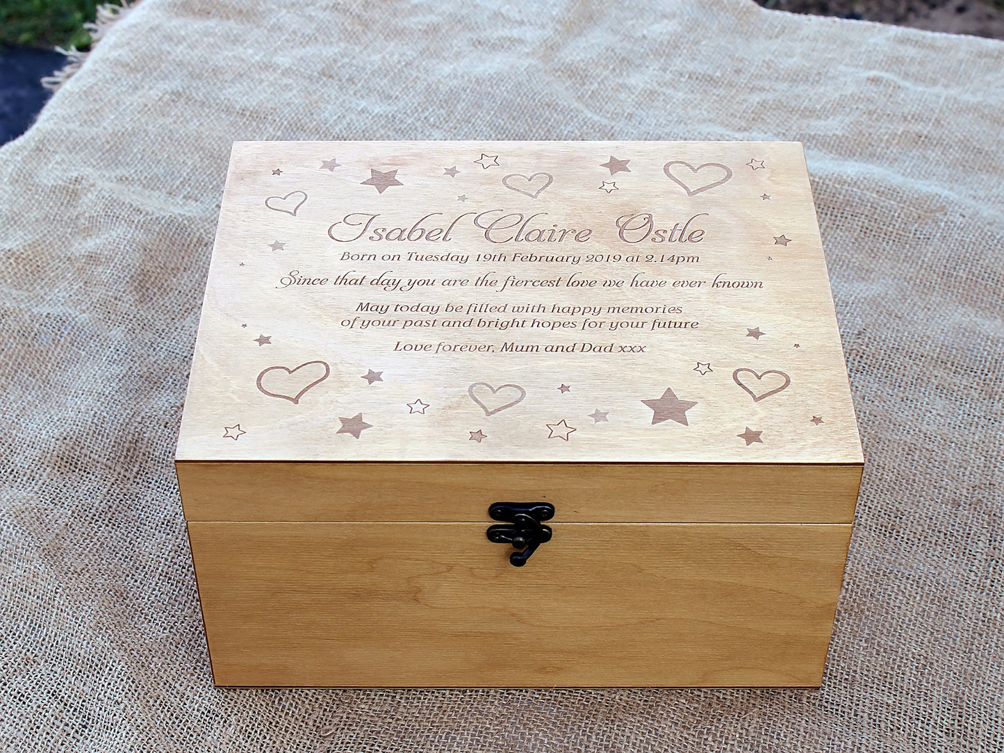 Personalized wooden baby keepsake box with heart and stars