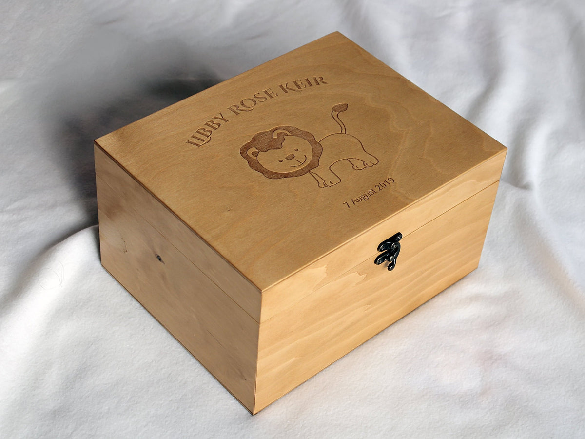 Personalized baby memory box with engraved lion