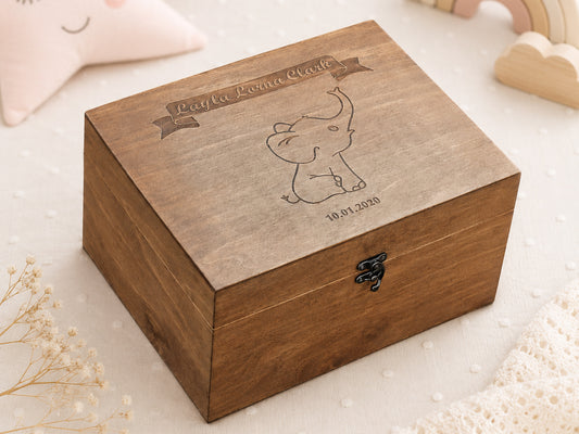 Personalized baby memory box with engraved elephant sketch and custom name
