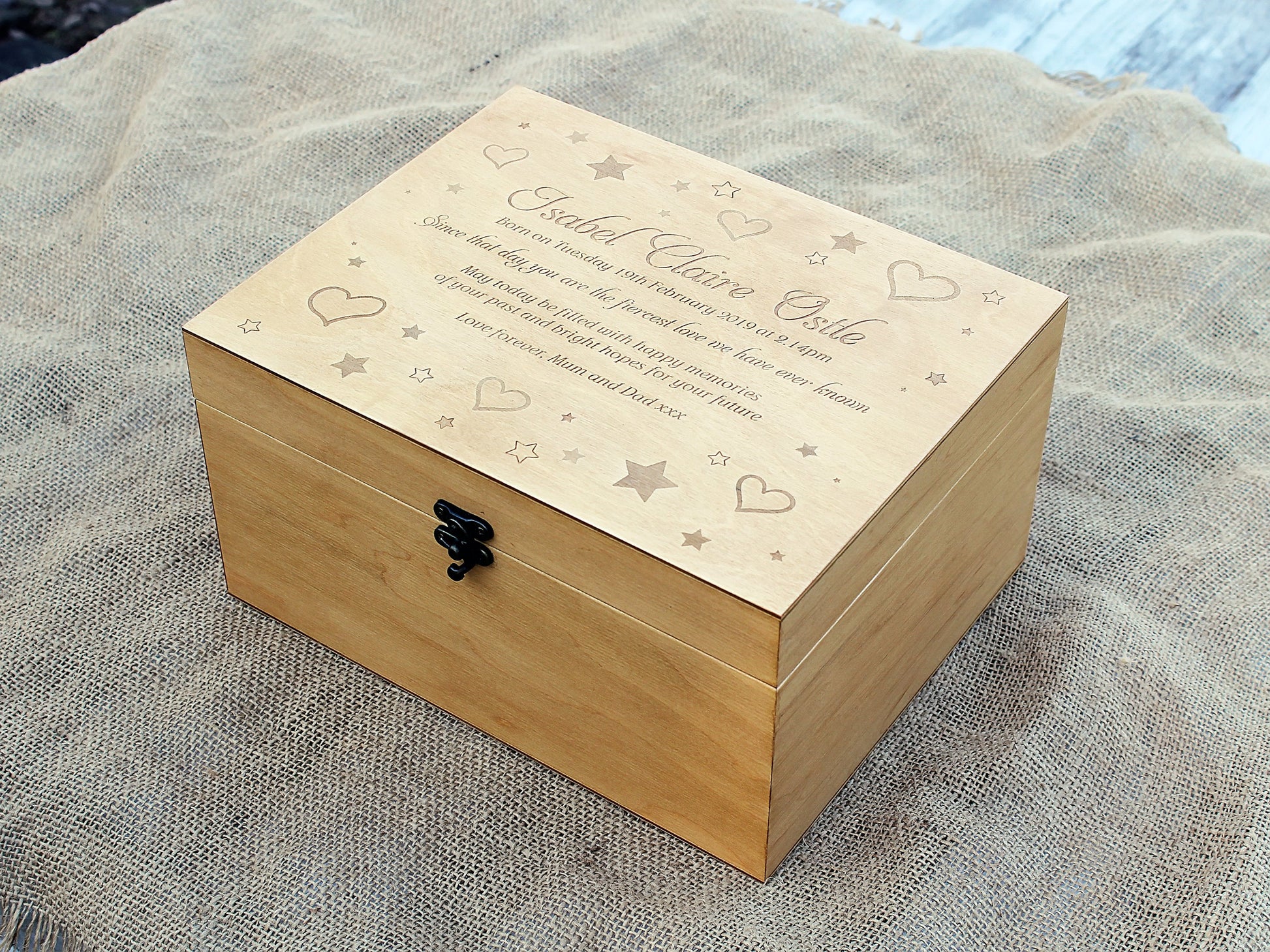 Personalized baby memory box with heart and stars design
