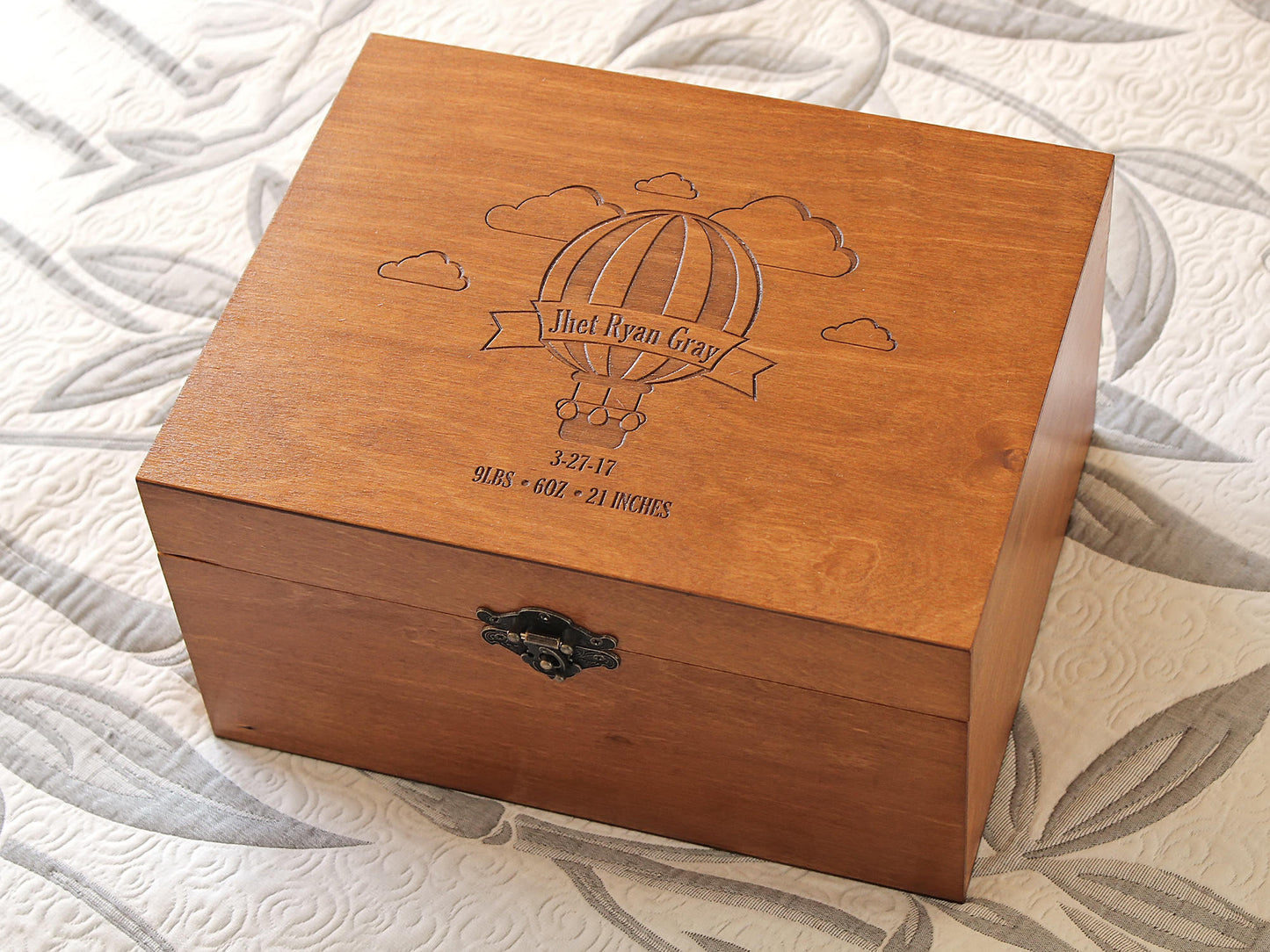 Personalized baby memory box with hot air balloon engraving