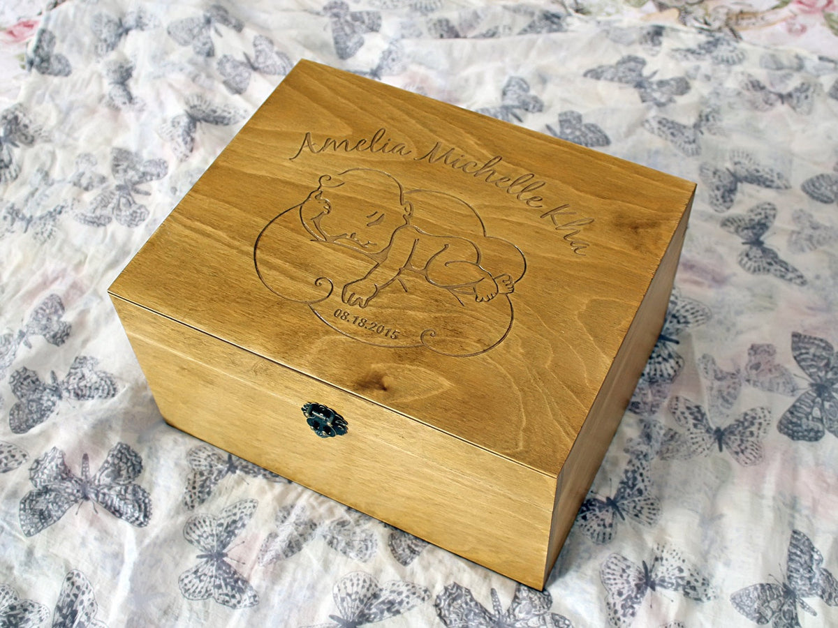 Personalized baby memory box with sleeping baby on cloud design