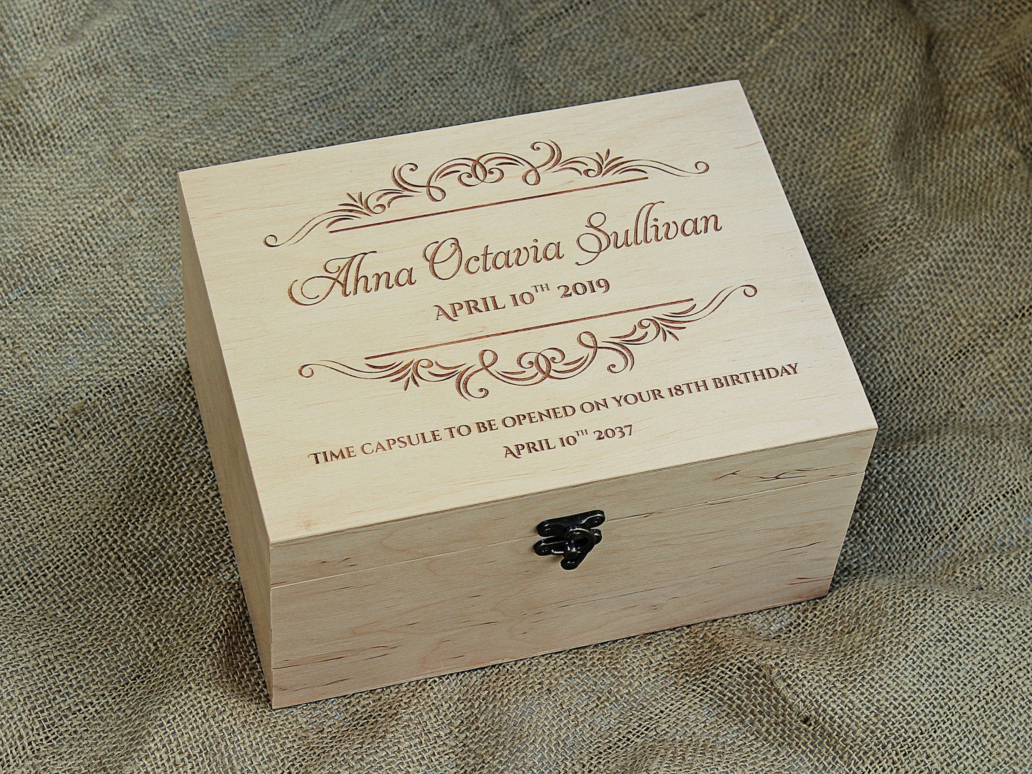 Personalized baby memory box with vintage frame engraving