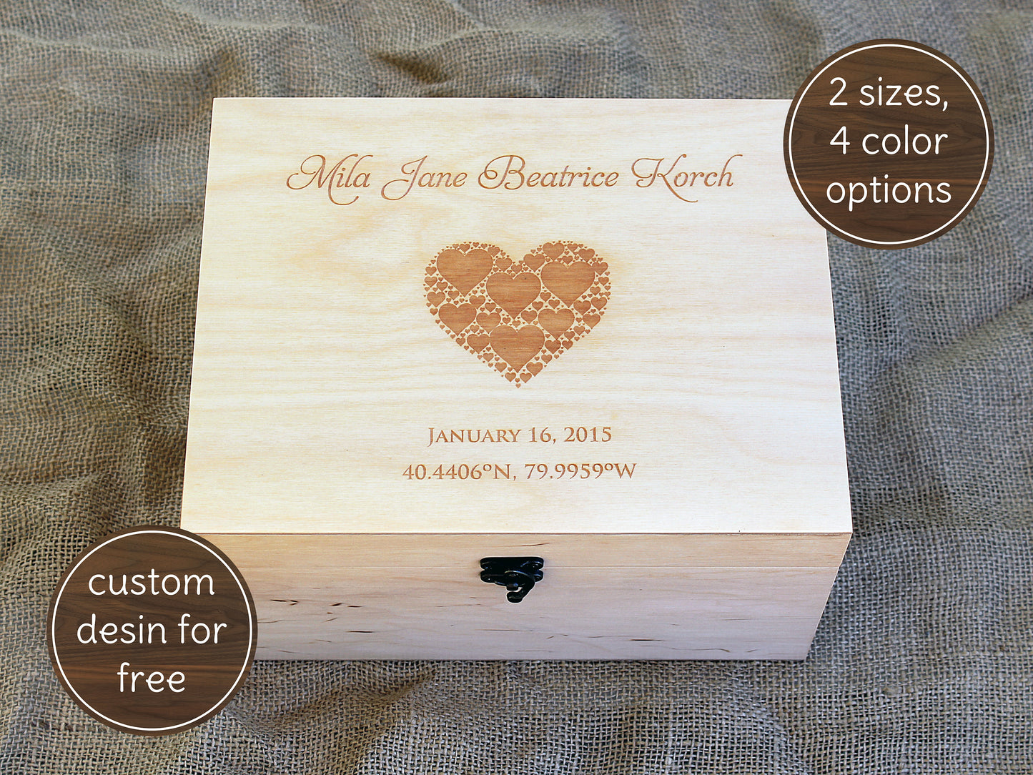 Personalized heart design wooden memory box styled on a nursery shelf as a baby shower gift