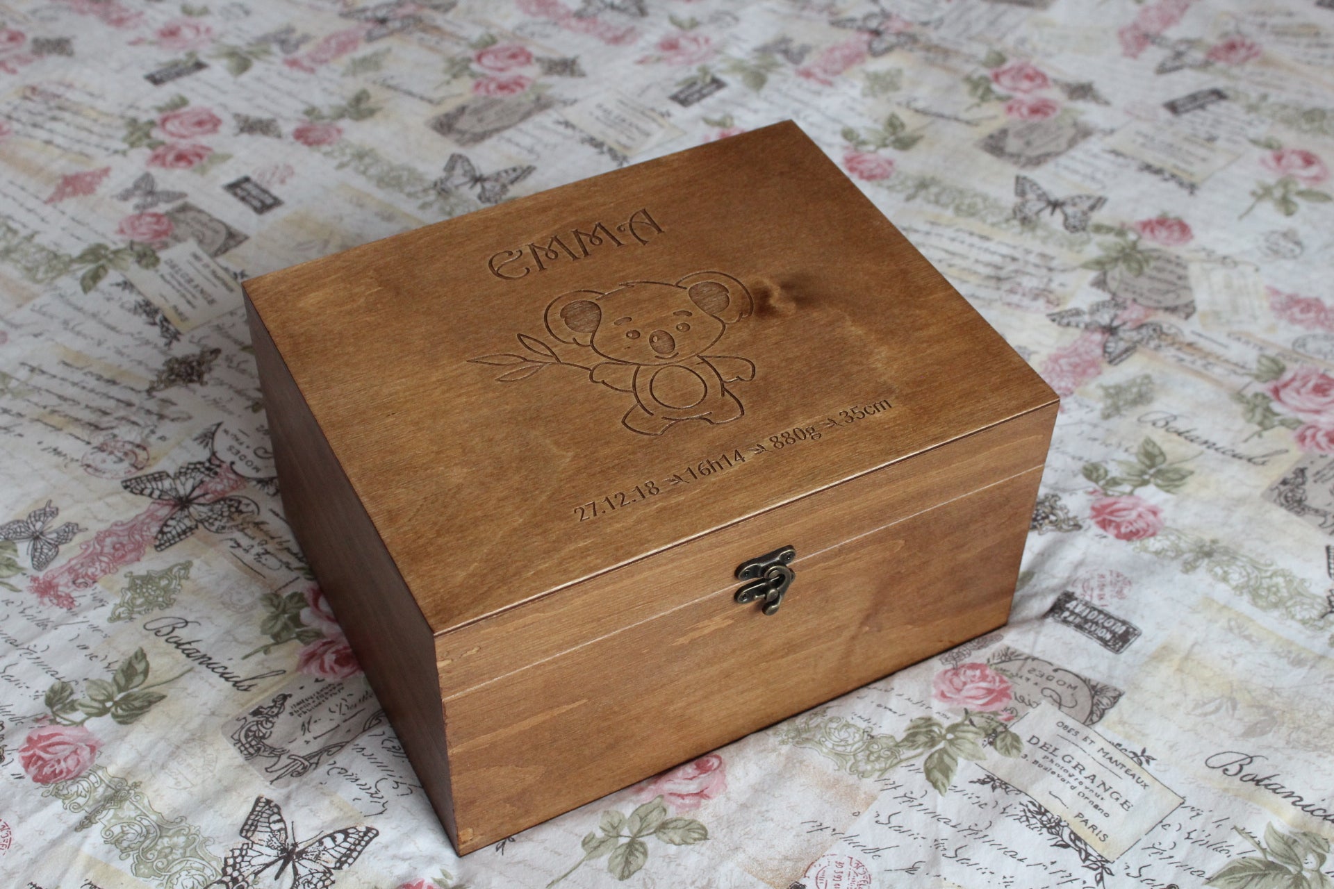 Personalized wooden baby keepsake box with koala design