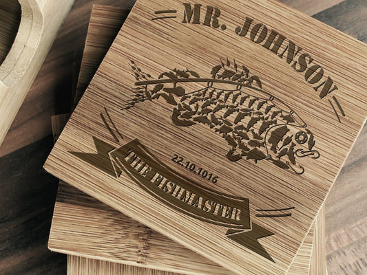 Personalized bamboo coaster set for Dad with custom engraving and holder