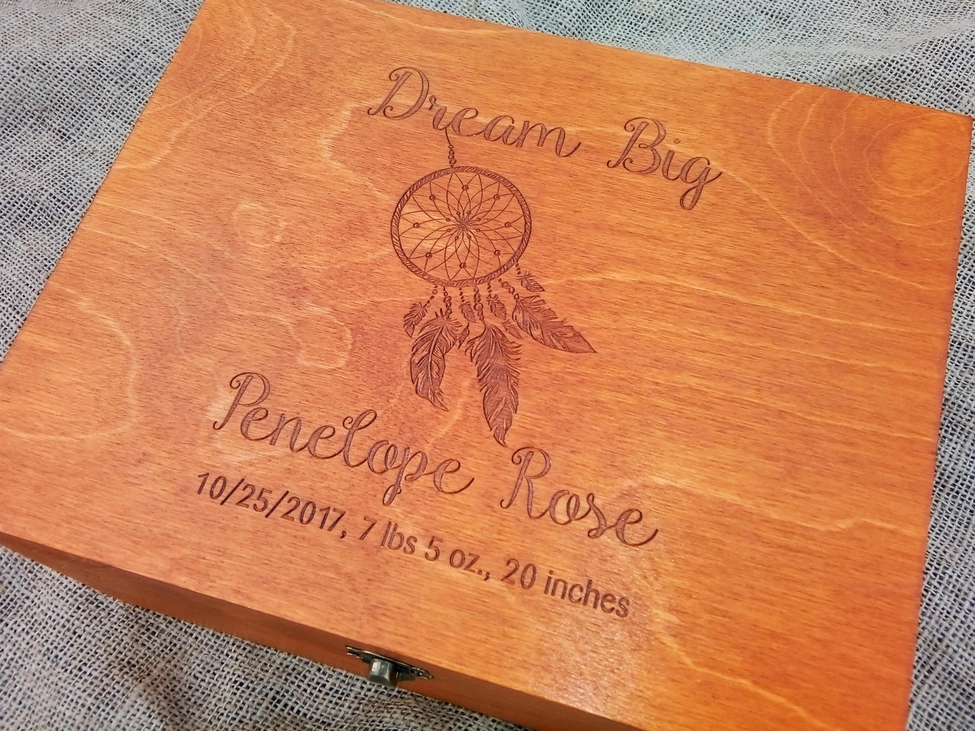 Personalized wooden memory box with dreamcatcher design