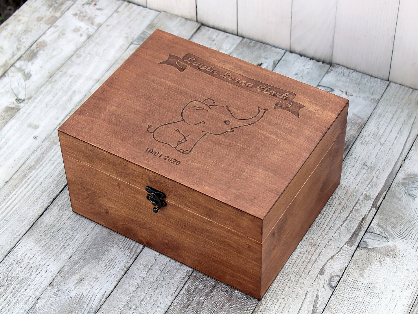 Personalized elephant keepsake box for storing baby's first memories